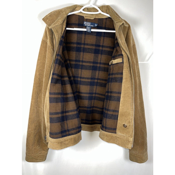 VINTAGE Polo Ralph Lauren Corduroy Bomber Jacket Mens XL Brown Flannel Lined Red - Picture 2 of 13